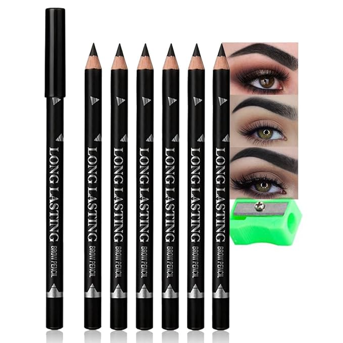WanTuoluo Black Eyebrow Pencils for Women with Sharpener, 6Pcs Hard-Core Wooden Eye Brow Eye Liner Pencils for Beginner Makeup, Waterproof & Sweat-Proof