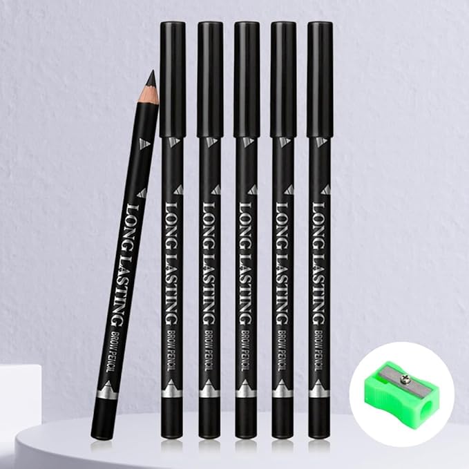 WanTuoluo Black Eyebrow Pencils for Women with Sharpener, 6Pcs Hard-Core Wooden Eye Brow Eye Liner Pencils for Beginner Makeup, Waterproof & Sweat-Proof