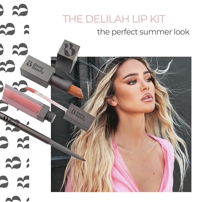 Rinna Beauty Icon Lip Kit - Delilah - All-in-One Lip Kit Includes Lipstick, Lip Gloss, Lip Liner - PINK NUDE look - Anti-Aging, Moisturizing, Long-Lasting: Vegan, Cruelty-Free - 1 each