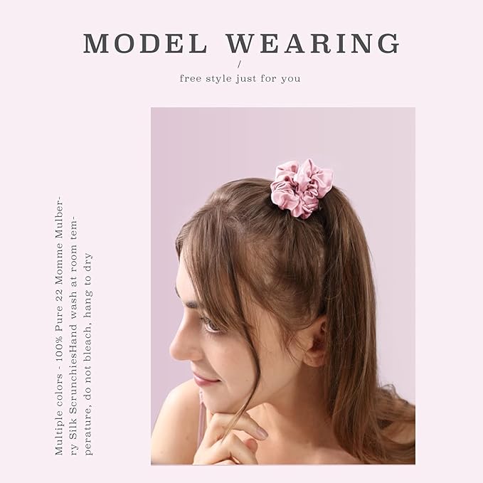 MTSNOO 100% Pure 22 Momme Mulberry Silk Scrunchies for Hair & Sleep, 4 Pack, for Women & Girls, Rosy Pink