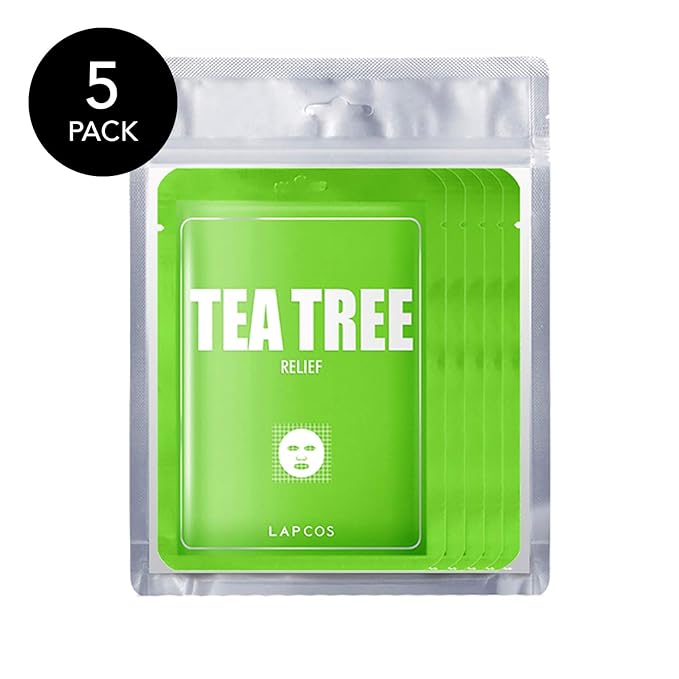 LAPCOS Derma Tea Tree Sheet Mask - Soothing & Calming Face Mask with Althaea Flower Extract for Irritated & Sensitive Skin - Breathable, Lightweight TMF-Cell Sheet - Korean Skin Care (Pack of 5)