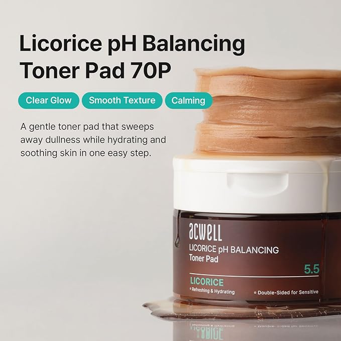 ACWELL Licorice pH Balancing Toner Pads - Vegan Dual-Sided Cotton Pads for Sensitive and Acne-Prone Skin, Dark Spot Brightening & Pore Care, 70 Pads (5.41 fl oz.)