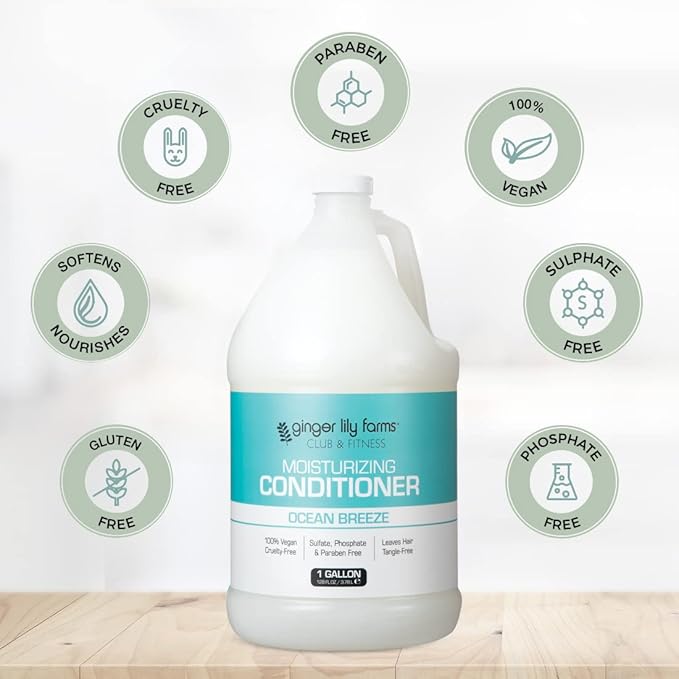 Ginger Lily Farms Club & Fitness Moisturizing Conditioner for Dry Hair, 100% Vegan & Cruelty-Free, Ocean Breeze Scent, 1 Gallon (128 fl oz) Refill