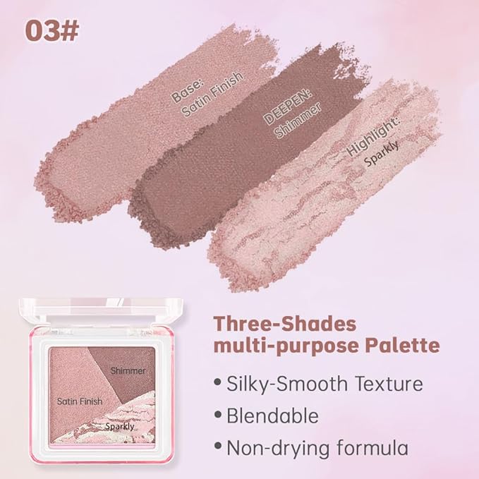 Mini Pink Brown Baked Eyeshadow Palette, 3 Shade Shimmer Eye Shadow, Soft Romantic Glam Makeup, Smooth Blendable & Buildable, No Fallout, Long-Lasting Daily & Glam Looks, Paleta de Sombras de Ojos 03