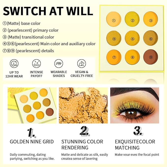 Yellow Gold Matte Shimmer Eyeshadow Palette, 9 Color High Pigment Blendable Long-Lasting Travel Size Eye Shadow Makeup for Older Women, Sombras para ojos, Daily Looks, Vegan & Cruelty-Free 04#
