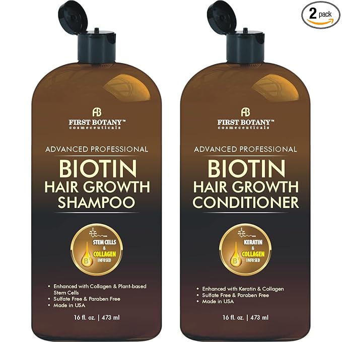 First Botany, Biotin Hair Growth Shampoo Conditioner Anti Hair Loss Thickening formula Collagen & Stem Cell For Hair Regrowth Anti Thinning Sulfate Free For Men Women Anti Dandruff Treatment 16 oz x2
