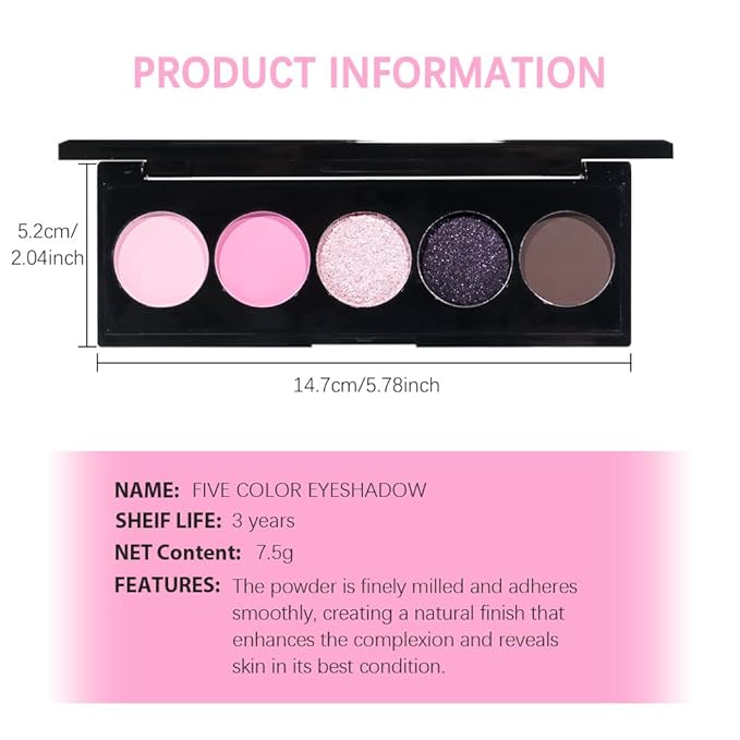 CAKAILA Pink Black Brown 5Colors Eye Shadow Palette Makeup with Mirror,Neutral Vegan Eyeshadow Palette for Older Women Waterproof Long Lasting Naturing-Looking sombras para ojos,Cruelty Free