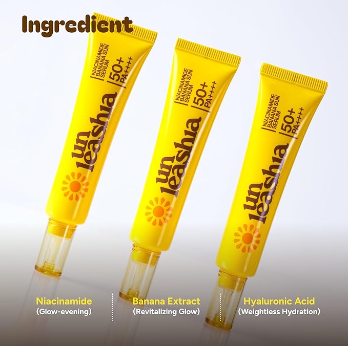 Unleashia Niacinamide Banana Sun Serum SPF Sunscreen, Glow & Brightening & Hydrating, No White Cast Lightweight Face Sunscreen, Fast Absorbing, Non-Sticky 1.35 oz
