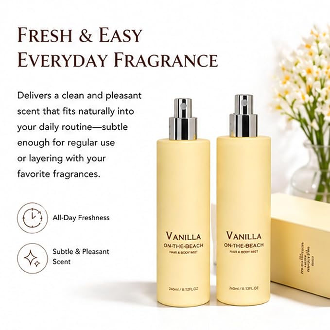 Vanilla on the Beach Hair and Body Mist, Warm Vanilla Coconut Fragrance Spray, Natural Vanillas & Beachscent, Long-Lasting Fresh Fragran (1Pcs)