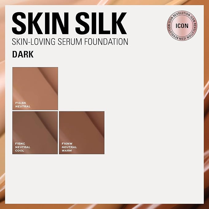 Revolution Skin Silk Radiant Satin Serum Foundation, Buildable Coverage with Hydrating Hyaluronic Acid for a Natural Finish, Vegan & Cruelty-Free, F15NC Dark Skin Tones, 0.77 fl oz
