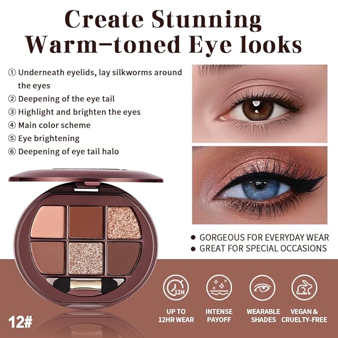 Deep Brown Neutral Matte & Shimmer Eyeshadow Palette, 6 Color High Pigment Blendable Eye Shadow Makeup for Older Women, Lightweight Travel Size, Suitable for All Eye Shapes, Smokey Dramatic Look 12#