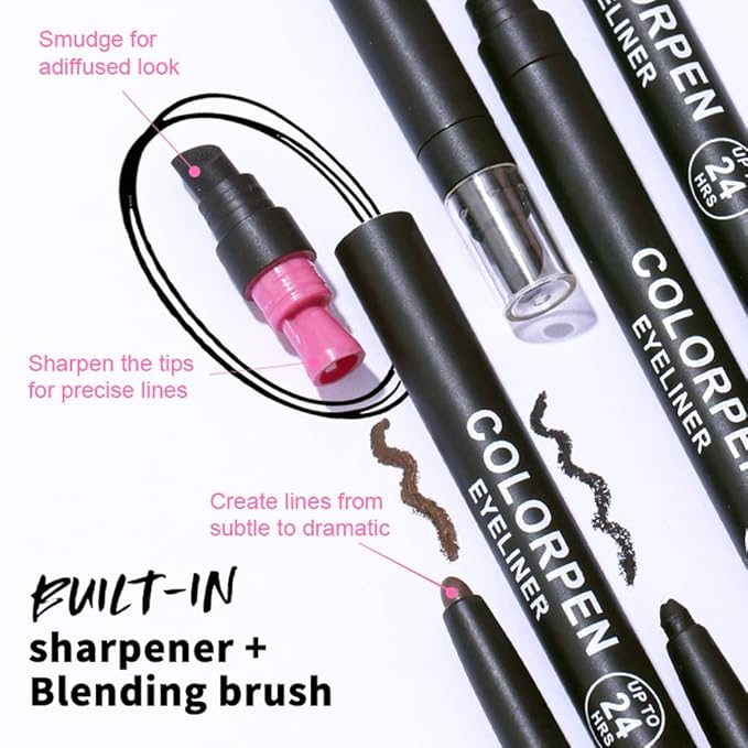 WanTuoluo 3-in-1 Retractable Eyeliner Pencil for Women, Built-in Sharpener & Blending Brush, Black Light Dark Brown, Waterproof Long-Lasting (01-Black-1 Pack)