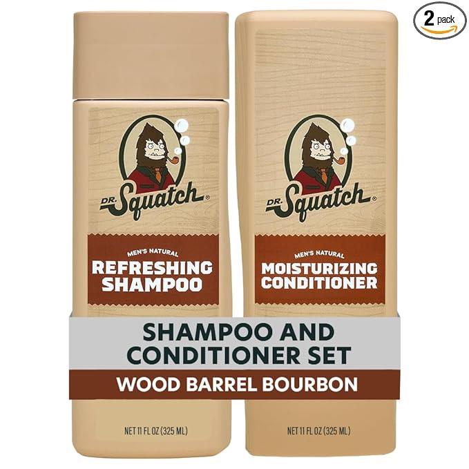 Dr. Squatch Men's Natural Shampoo and Conditioner Set – Sulfate & Paraben Free Natural Shampoo and Conditioner for Men – Scalp Nourishing Formula – Wood Barrel Bourbon (11 fl oz, 2-Pack)