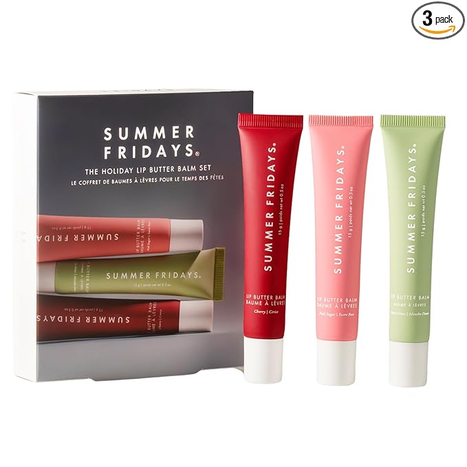 Summer Fridays Holiday Lip Butter Balm Set - Conditioning Vegan Lip Balm for Instant Moisture, Shine & Hydration - Includes Cherry, Sweet Mint & Pink Sugar (3 Count)