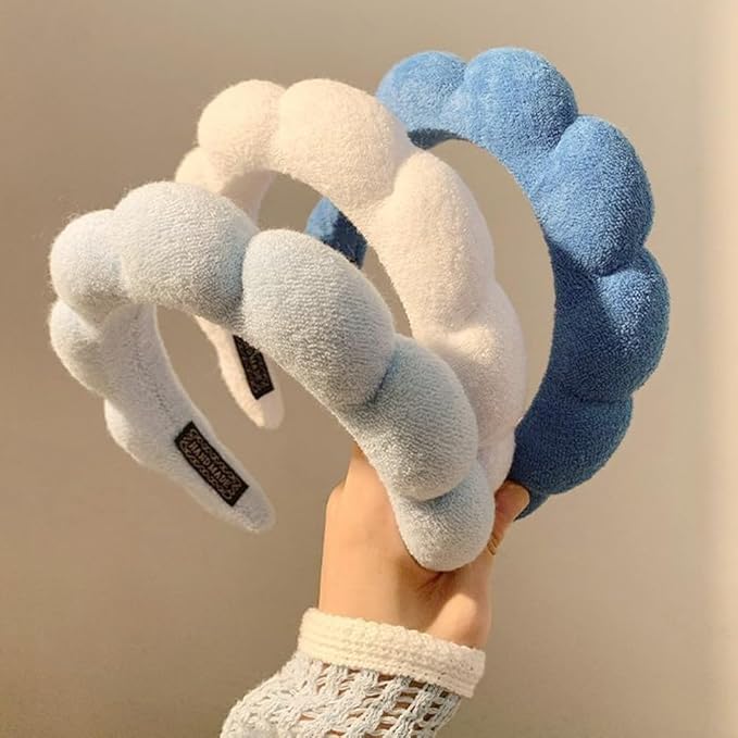 AOENJIE Spa Headbands for Washing Face or Makeup, Sponge Bubble Skincare Headbands, Puffy Terry Cloth Hairband for Women, Skin Care Makeup Headwear Hair Accessories for Girls(Dark blue)
