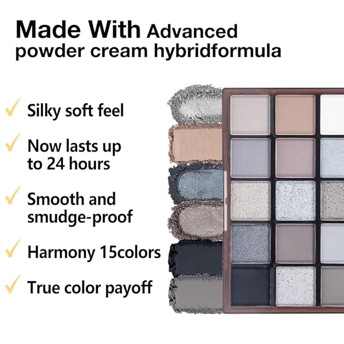 CAKAILA Smokey Black Eye Shadow Makeup Palette,15 Colors Gray Silver Dark Shimmer Matte Makeup Pallet,Long Lasting Waterproof Blendable for Daily and Halloween,Vegan,Cruelty -free