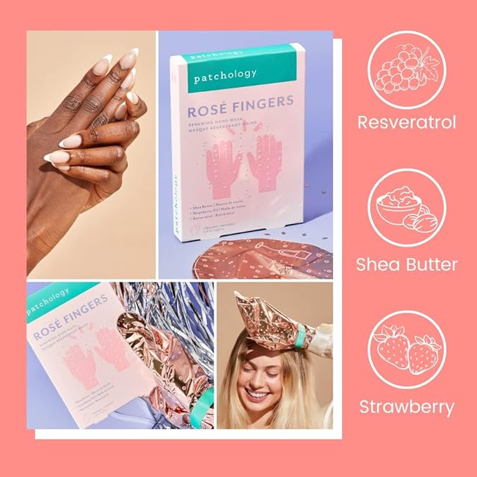Patchology Rosé Fingers Renewing Hand Mask - Strawberry-Scented Moisturizing Gloves with Shea Butter for Dry & Cracked Hands, Repairing Hand Treatment for Baby Soft Skin, Self-Care Essential - 1 Pair