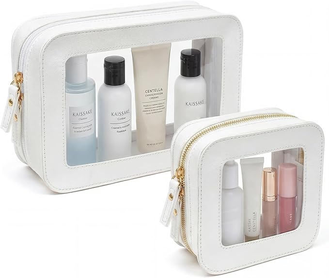 LETGO Clear Makeup Bag Set, Waterproof PU Leather Portable Makeup Bag for Purse with Transparent Window, Travel Lipstick Case Pouch Car Organizer and Storage (2Pack-Standard&Square, Beige)