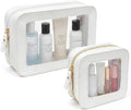 LETGO Clear Makeup Bag Set, Waterproof PU Leather Portable Makeup Bag for Purse with Transparent Window, Travel Lipstick Case Pouch Car Organizer and Storage (2Pack-Standard&Square, Beige)