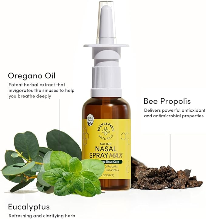 Beekeeper's Naturals Propolis Nasal Rinse Spray Max, Relief for Adults w/Eucalyptus, Oregano & Saline, Clears Nasal Congestion, Moisturizes Sinus Canal, & Decongest Sinus Cavities, 1 fl oz