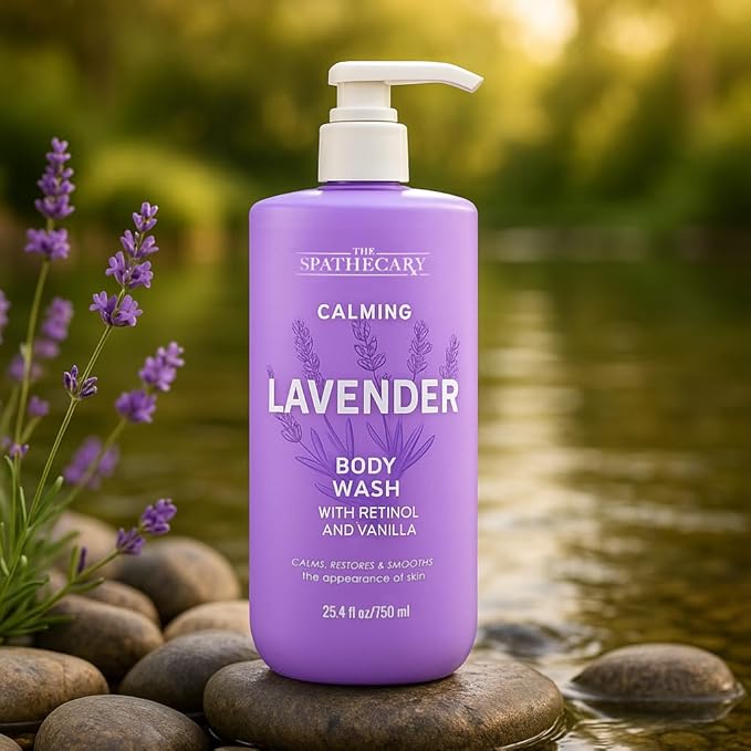 Lavender Body Wash with Retinol & Vanilla – Calming Hydrating Shower Gel for Sensitive Skin & Night Routine, Daily Body Cleanser for Soft Smooth Skin, Vegan, Sulfate Free, 25.4 fl oz