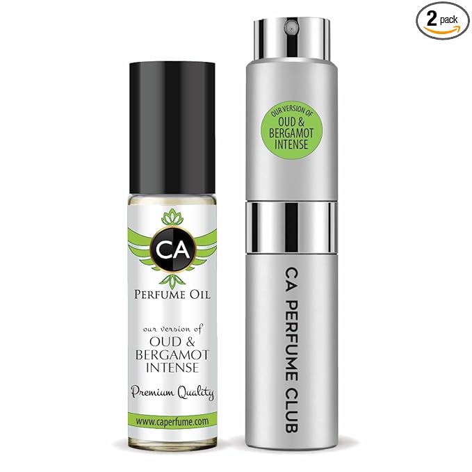 CA Perfume Duo Impression of Oud & Bergamot Intense For Women And Men Perfume Layering Set Long Lasting Travel Size EDP + Body Oil Roll-On Bottle 0.27 Fl Oz+0.33 Fl Oz