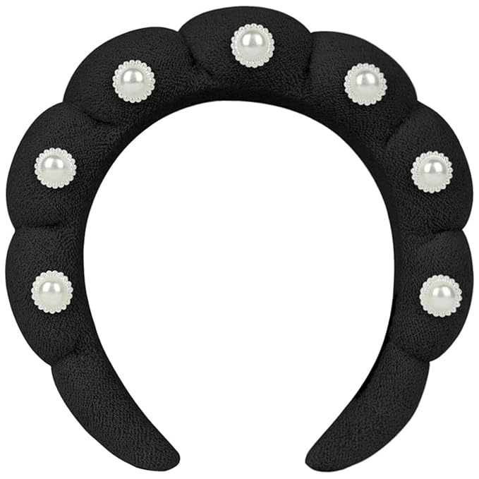 Spa Headbands Puffy Makeup Skincare Headbands for Washing Face or Facial, Terry Cloth Fabric Hairbands for Makeup Removal Shower Skin Treatment(Black, Pearl)