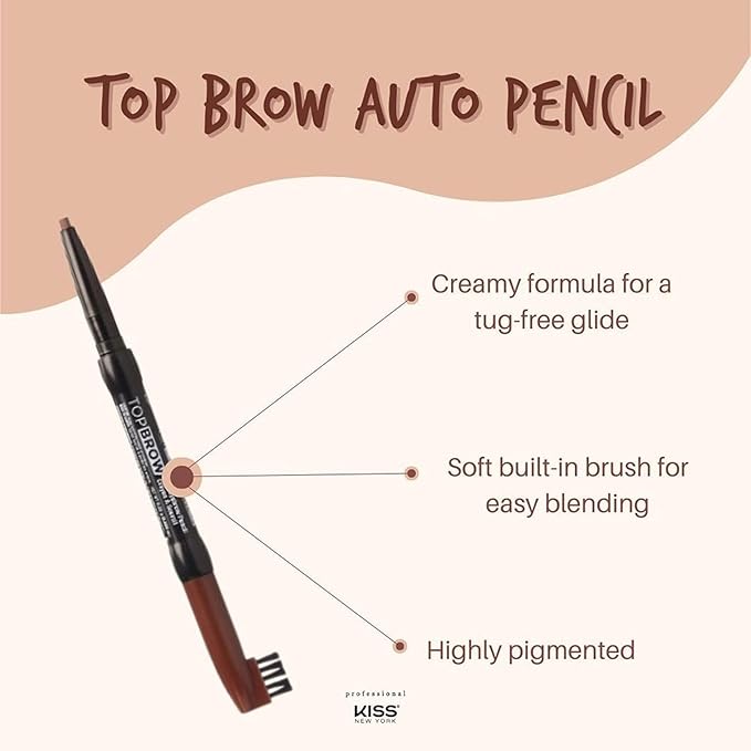 KISS NEW YORK Professional Long-Lasting Eyebrow, Retractable Eyebrow Pencil, Rich Pigmentation, Coconut Oil Infused, Built-In Brush Brow, Shapes, Define, Fills Brow, Eye Makeup (Dark Brown)