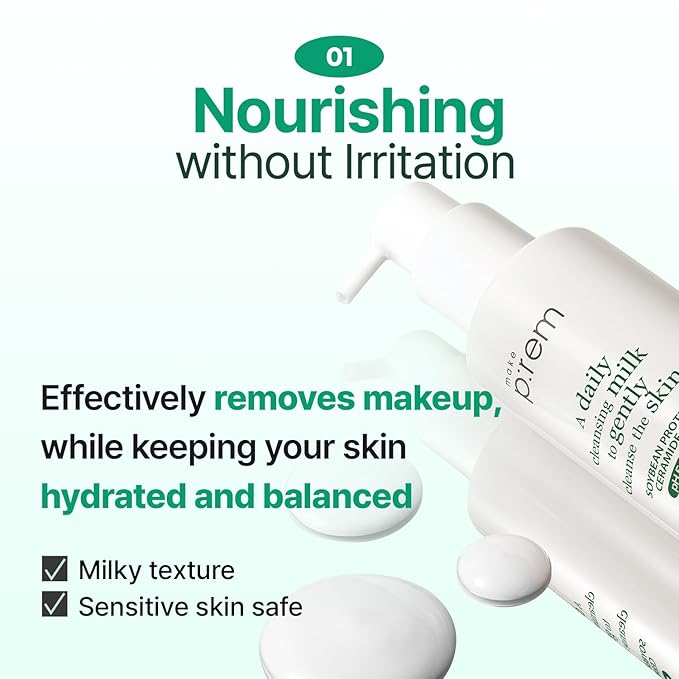 MAKE P:REM Safe Me. Relief Moisture Cleansing Milk, Hydrating Gentle Face Wash for Sensitive Skin with Soy Protein, Korean Milky Cleanser, Korean Skin Care, 3.38 fl.oz (100ml, Refill Pouch)