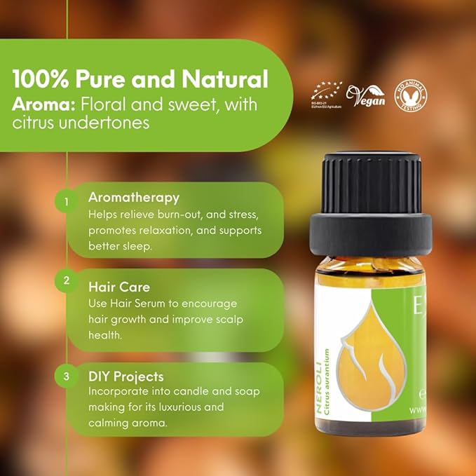 Essences Bulgaria Organic Neroli Essential Oil 0.17 Fl Oz 5ml Citrus aurantium - 100% Pure Natural Undiluted Therapeutic Grade for Aromatherapy Diffuser Humidifier Hair Growth Candle and Soap Making