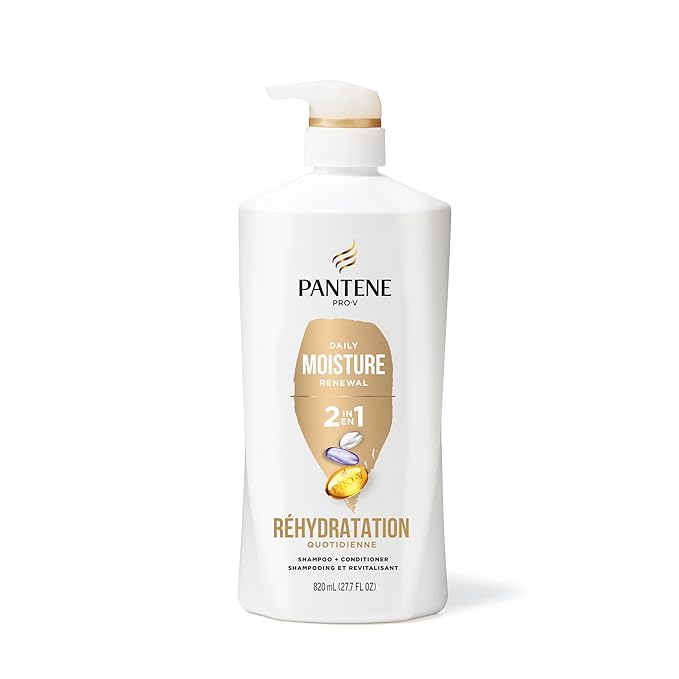 Pantene 2-in-1 Shampoo & Conditioner, Daily Moisture Renewal - Pro-V Nutrients for Dry, Straight to Curly Hair,72-Hour Hydration & Softness, 27.7 Oz Each, + Rescue Shot (0.5 Oz),2 Count (Pack of 2)
