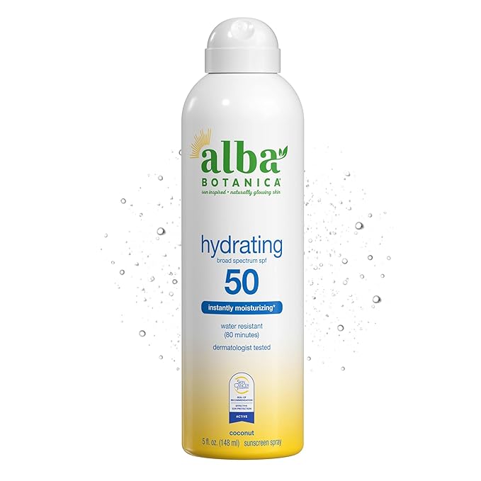 Alba Botanica Hydrating Sunscreen Spray, SPF 50 Broad Spectrum Protection, Instantly Moisturizing, Water Resistant (80 minutes), Hypoallergenic, Oxybenzone-Free, 5 Fl. Oz