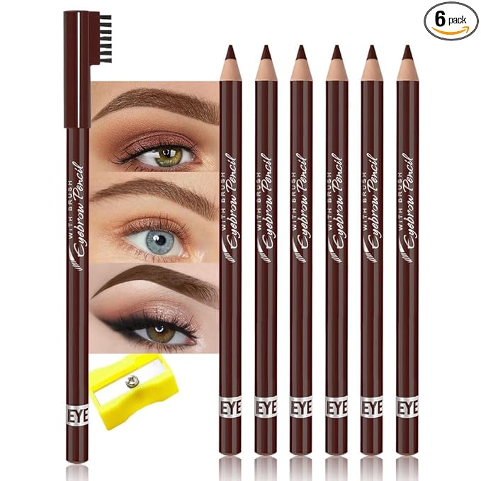 WanTuoluo Eyebrow Pencils for Women with Sharpener, 6Pcs Hard-Core Wooden Eye Brow Eye Liner Pencils for Beginner Makeup, Waterproof & Sweat-Proof (6Pcs-Brown)