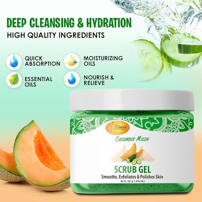 SPA REDI – Exfoliating Scrub Pumice Gel, Cucumber Melon, 16 oz - Manicure, Pedicure and Body Exfoliator Infused with Hyaluronic Acid, Amino Acids, Panthenol and Comfrey Extract