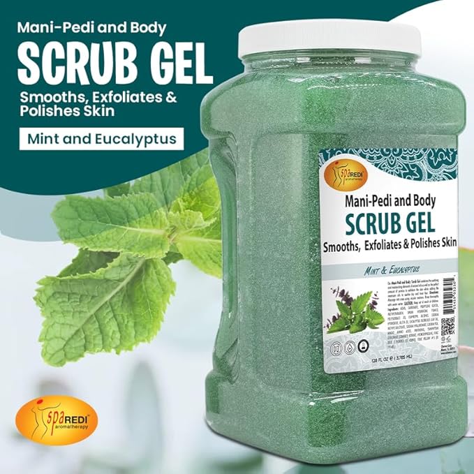 SPA REDI - Exfoliating Scrub Pumice Gel, Mint and Eucalyptus, 128 Oz - Manicure, Pedicure and Body Exfoliator Infused with Hyaluronic Acid, Amino Acids, Panthenol and Comfrey Extract