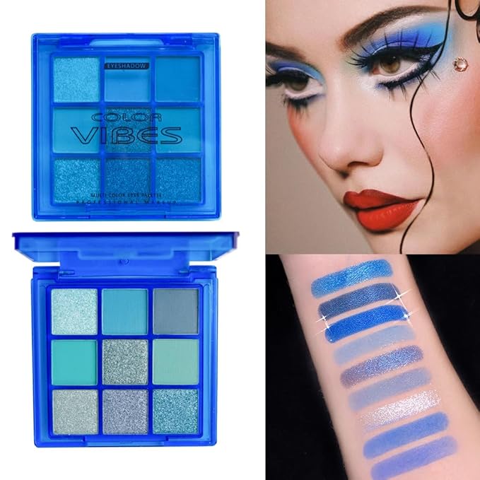 BAISEN DIARY 9 Colors Eyeshadow Palette - Blue Eyeshadow Theme, High Pigmented Blendable Matte & Glitter Shimmer Finishes, Long Lasting Eye Makeup for Christmas & Music Festivals(Blue)