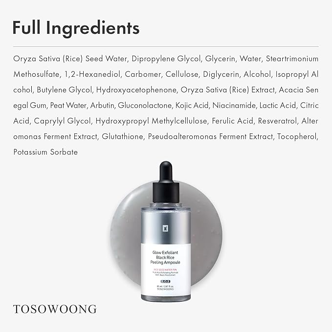 TOSOWOONG Black Rice Peeling Ampoule, 75% Black Rice Exfoliant, Dead Skin Remover, Face Body Scrub, Blackheads Pore Cleaner, Kojic Acid, Arbutin for discoloration, Korean Skincare, 85ml / 2.87 fl. oz.
