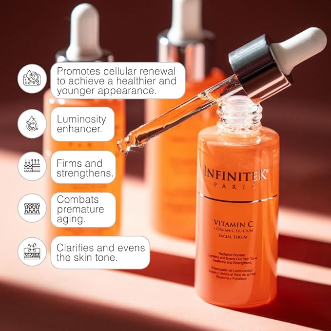 Infinitek Paris Vitamin C Facial Serum | With Organic Silicon & Ferulic Acid | Brightening Face Skincare Essential for a Smoother, Luminous Complexion | 1 fl oz / 30 ml