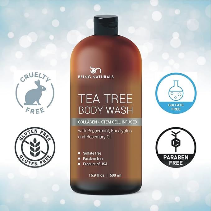 Tea Tree Body wash with Collagen and Stem Cells - Fights Odor, Acne & Skin Issues, sulfate free 16.9 oz