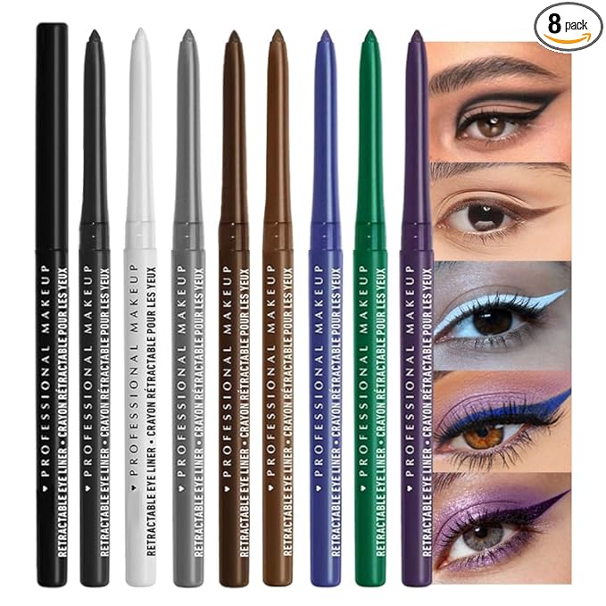 8Pcs Retractable Creamy Eyeliner & Eyeshadow Sticks for Women, Black White Brown Blue Purple Green Gray Colors, Ultra Pigmented Waterproof Mechanical Eye Pencils, Matte Satin Finish,Vegan,Cruelty-Free