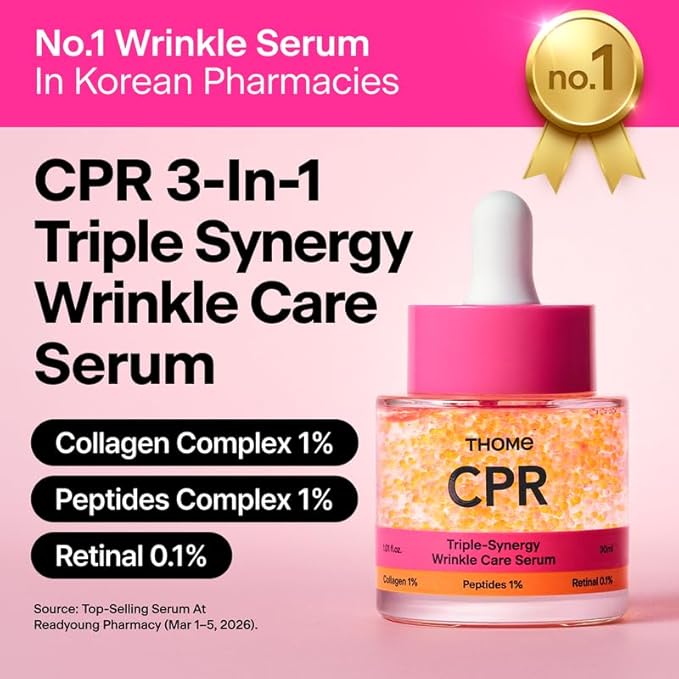 THOME CPR Serum - Collagen 1% + Peptide 1% + Retinal 0.1% Triple Synergy Mechanism, High Potency Firming Serum for Fine Lines & Wrinkles, Texture & Pore Refining, Korean Skincare, 1.01 fl oz.