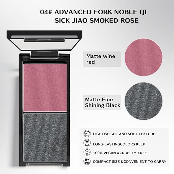 Wine Red Matte & Charcoal Black Shimmer Duo Eyeshadow Palette, 2 Color Burgundy Smokey Eye Shadow, Smooth Blendable Long Lasting Mini Travel Eyeshadow Palette for Glam Party Looks 4#