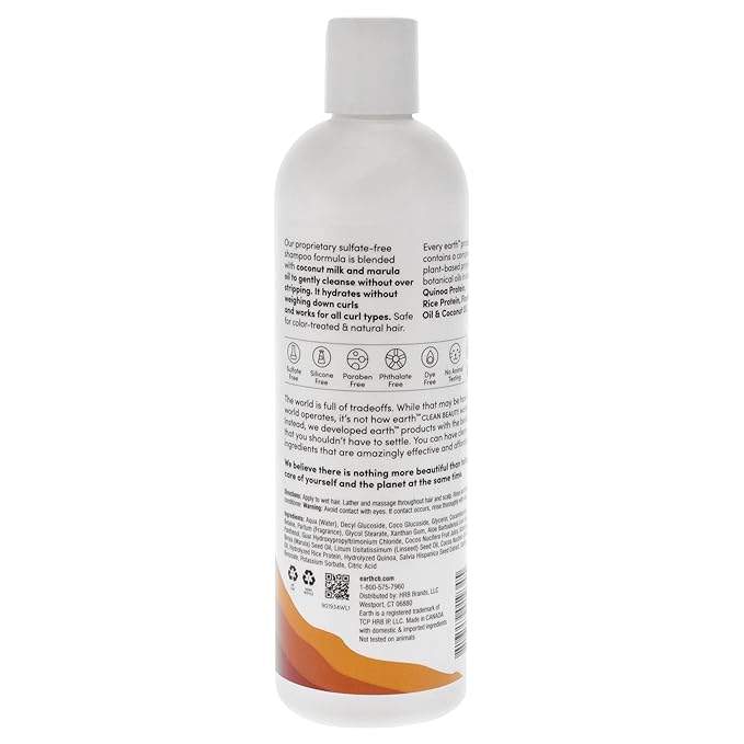earth Curl Care Shampoo - Moisturizing Shampoo Promotes Hair Growth - Sulfate Free with Coconut Milk and Marula for All Curl Types - 12 oz