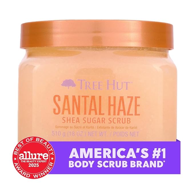 Tree Hut Santal Haze Body Scrub, Exfoliating & Hydrating Sugar Scrub with Shea Butter & Essential Oils, Smooth Skin, Body Exfoliator For All Skin Types, Self Care Gifts for Women, Vegan, 18 Oz