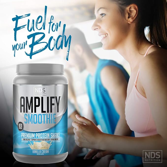 AMPLIFY NDS Nutrition Smoothie Premium Whey Protein Powder Shake with Added Greens and Amino Acids - Build Lean Muscle, Gain Strength, Lasting Energy, and Lose Fat - Vanilla (30 Servings)