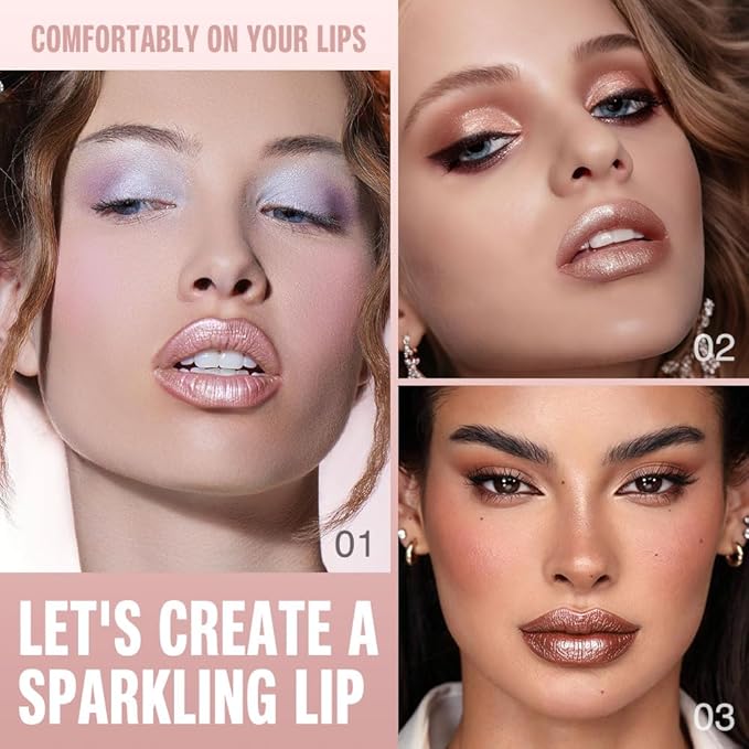 evpct 3Pcs Pink Nude Copper Shimmery Metallic Lip Liner and Lipstick Combo, Cone Tip Lip Crayon for Women Long Lasting Waterproof, Hydrating Lipstick Makeup, Glitter Lips Liner Pencil for Shinny Shade