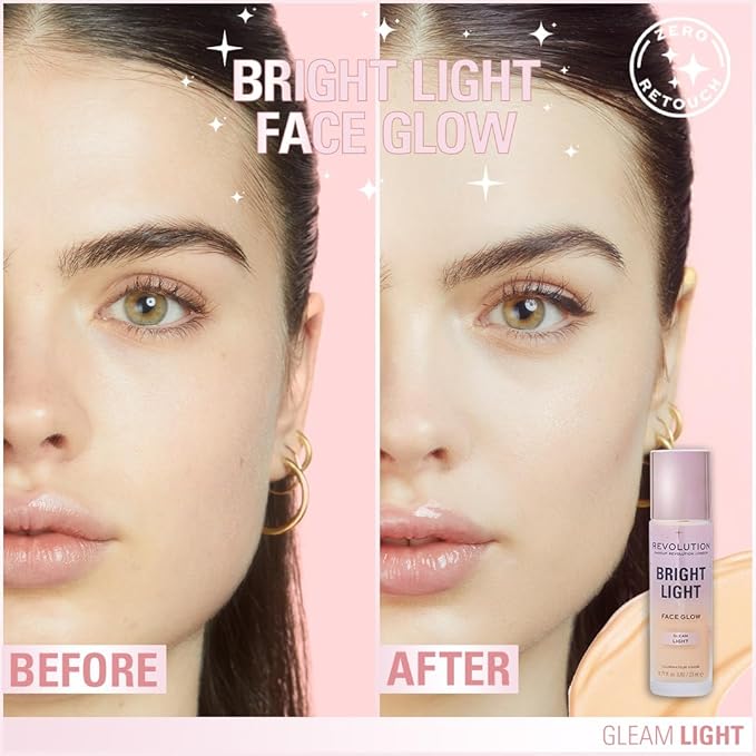 Revolution Beauty London, Bright Light Face Glow, Lightweight & Brightening Multi-Use Skin Tint, Illuminating and Natural Glow Finish, Gleam Light, 0.77 Fl. Oz
