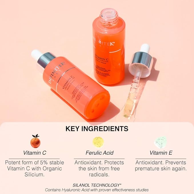 Infinitek Paris Vitamin C Facial Serum | With Organic Silicon & Ferulic Acid | Brightening Face Skincare Essential for a Smoother, Luminous Complexion | 1 fl oz / 30 ml