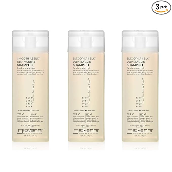 GIOVANNI Eco Chic Smooth as Silk Deep Moisture Shampoo - Apple + Aloe Extracts, Calms Frizz, Detangles, Wash & Go, Lauryl & Laureth Sulfate Free, Paraben Free, Color Safe - 8.5 oz (Pack of 3)