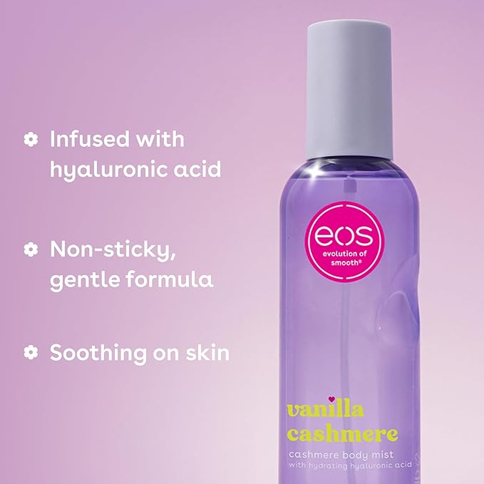eos Cashmere Body Mist, Vanilla Cashmere, Soft Musk, Cozy Caramel, Hair Mist, Body Spray for Women Moisturizing, Hyaluronic Acid, Vanilla Body Spray, Vegan, Cruelty-free, 6 fl oz